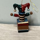 Vtg Wooden Jack In The Box Clown Ornament Hand Painted Festive Jester Decor