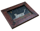 Vtg American Primitive Folk Art Gray Cat Painting Night Sky Moon Signed Original