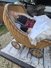 Alexander Doll Co 18  Blonde Doll Wicker Buggy Carriage Stroller Lace Pillow Lot