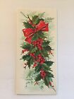 Vintage Mid Century Christmas Greeting Card Holly Berry Spray Bow Textured 1966