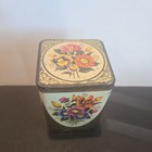 Vintage 5 3 4 X 4  Tin Storage Container Made In England Floral Gold See Picture