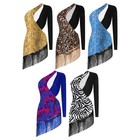 Women Dress Ice Skating Costume Long Sleeve Dresses One Shoulder Dance Adorned