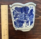 Vintage Chinese Blue   White Porcelain Cache Pot Planter  Grape Motif 4x4   