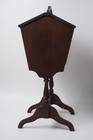 Vintage Dark Brown Wood Sewing Box Stand Hinged Double Lid Caddy Trestle Legs