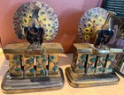 Pair Vintage Art Deco Hand Painted Bronze Bookends With Peacocks And Rich Patina