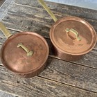 Vintage Heavy Copper Saucepan Set  2      Thick Copper Pots W Brass Handles Lids