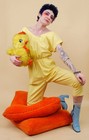 80s Vtg Canary Yellow Cotton Jumpsuit Pantsuit Open Tie Back Petite Sm B34-36