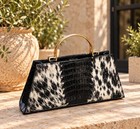 Genuine Cowhide Top Handle Bag  Black   White Hair On Hide Purse  Croc Embossed 