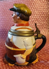 Antique German Hand Painted Pewter Mounted Lidded Man Pottery Figural Stein