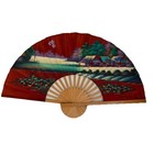 Large Asian Decorative Fan Bamboo Fabric Handpainted Landscape Scene  40   x24   