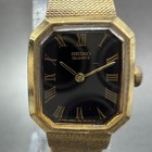 Seiko Watch Women 17mm Black Dial Gold Tone Octagon 2b20-5019 New Batt Vintage