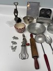 Vintage Child s Toy Aluminum Baking   Utencil Set W splatterware Ceramic Bowl