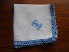 Vgt White Embroidered Monogram  i   Hankie Handkerchief  Blue Crocheted Edge