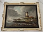 Vintage Antique Windmill Landscape Seascape Oil Painting Signed 33 X 25