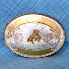 Cowboys Bucking Horse Trophy Belt Buckle Larger Rodeo Ribbons Vtg Mexico  mda031