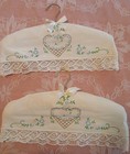 Vtg  Pair Embroidered Flowers Clothes Hanger Covers Lace Trim  W padded Hangers 