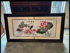 Vintage Chinese Silk Embroidery Koi Fish lotus Flowers 52x26 Inches Framed