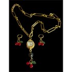 Victorian Raw Brass Necklace W  Vintage Watch   Cherry Earrings Set