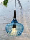 Antique Mid Century Modern Pendant Light  Blue Glass Shade  Chrome  Teak Wood