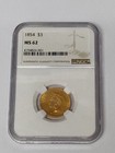 1854  3 Three Dollar Gold Coin Ngc Ms 62
