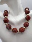 Rare Antique Chinese 14k Cinnabar Enamel Cloisonne Hand Carved Beads Necklace