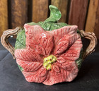 Fitz And Floyd Omnibus Poinsettia Sugar Bowl With Lid Christmas Pink Green