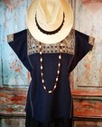 Huipil Top Mayan Navy   Brown Color Handwoven Backstrap Loom Chiapas Mexico S m