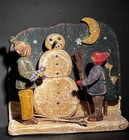 Vtg Christmas Primitive Folk Art Snow Scene   Wooden   Hand Carved   Painted 10   