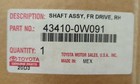 New Oem Genuine Toyota Rh Front Cv Axle Shaft 2002-2004 Camry 2 4 43410-0w091
