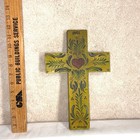 Vintage El Milagro Mexican Folk Art Hand Painted Wood Cross Inri Heart 10 Inch
