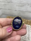 Vintage Hand Painted Enamel Pill Trinket Box Case Floral Gold Scrollwork Cobalt