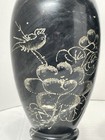 2 Hawaiian Black Marble Bud Vase Etched Lotus   Bird 8 Inches Tall Aloha Vintage