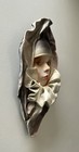 Vintage  Molded Leather Ceramic Face Pierrot Wall Art Sculpture Signed 16 In