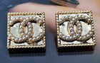 10 Pcs Chanel Cc Logo Stamped Gold Tone Pearl Square Buttons 20mm Set Of 10