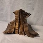 Vintage Cast Metal Stacked Books Bookends Bronze Gold Tone Finish Pair 5 Inch