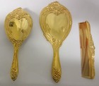 Vtg Antique Art Deco Gold Plate Vanity Dresser 3pc Set Mirror Brush Comb Rare