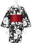 Japanese Yukata Kimono Women s Cotton Black White Camellia Floral Red Obi Sash