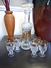 Vintage Gold-banded 11  Glass Decanter With 5 Matching Shot Glasses - Cut Glass