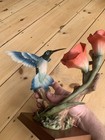Beautiful Large Vintage Hand Made Resin Hummingbird With Flowers Statue   10 