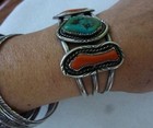 Native American Sterling Silver Mined Turquoise Sea Coral Cuff Bracelet Vintage