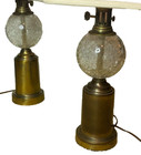 Vintage Mcm Hollywood Regency Clear Crackle Glass Ball Brass Table Lamps Shades