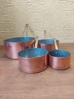 Set Of 4 Vintage French Copper Pans With Riveted Brass Handles