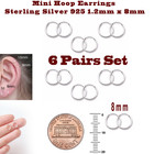 Adorable Super Small Hoop Earrings 8mm 6 Pairs Set Sterling Silver 925 Nose Lips