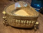 Vintage Gold Tone Ormolu Beveled Glass Casket Jewelry Box Filigree Hollywood
