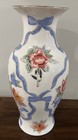Chinese Porcelain Vase Floral Bouquet Blue Ribbon Bow White Vtg 14    Tall  read 