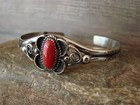 Native American Navajo Indian Nickel Silver Coral Bracelet Signed Phoebe Tolta