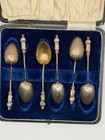Antique Sterling Silver Spoon Set Figural Handles Shell Bowls Cased 6pc Hallmark