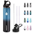 24 Oz Insulated Water Bottle Stainless Steel Wide Mouth 2 Lids Straw Spout