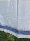 Blue   White Vintage Tablecloth Almost Square White Blue Bands 60x64 - One