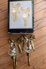 Vintage Brass Bow Wall Sconces Candle Holder Set Of 2 W  Glass Scones Nos Preppy